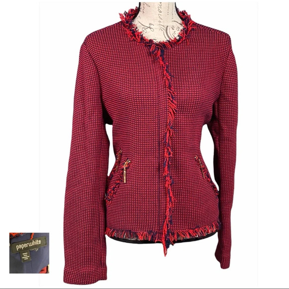 PAPERWHITE EUC Red Navy Textured Fringed Blazer - Picture 7 of 14